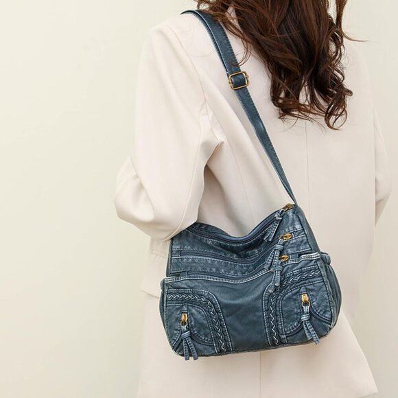 Leather Denim Purses for Women Jean Purse Denim Crossbody Shoulder Bag Tote Hand - Picture 6 of 6